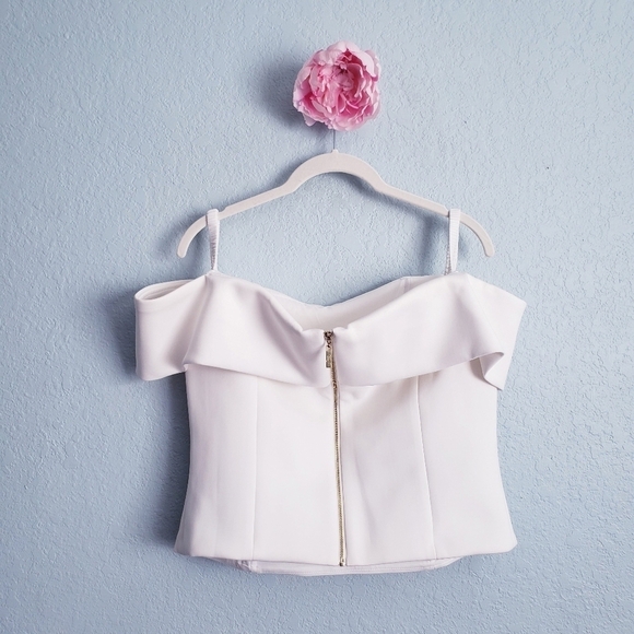 Eliza J White Off Shoulder Scuba Cropped Top - Picture 3 of 6